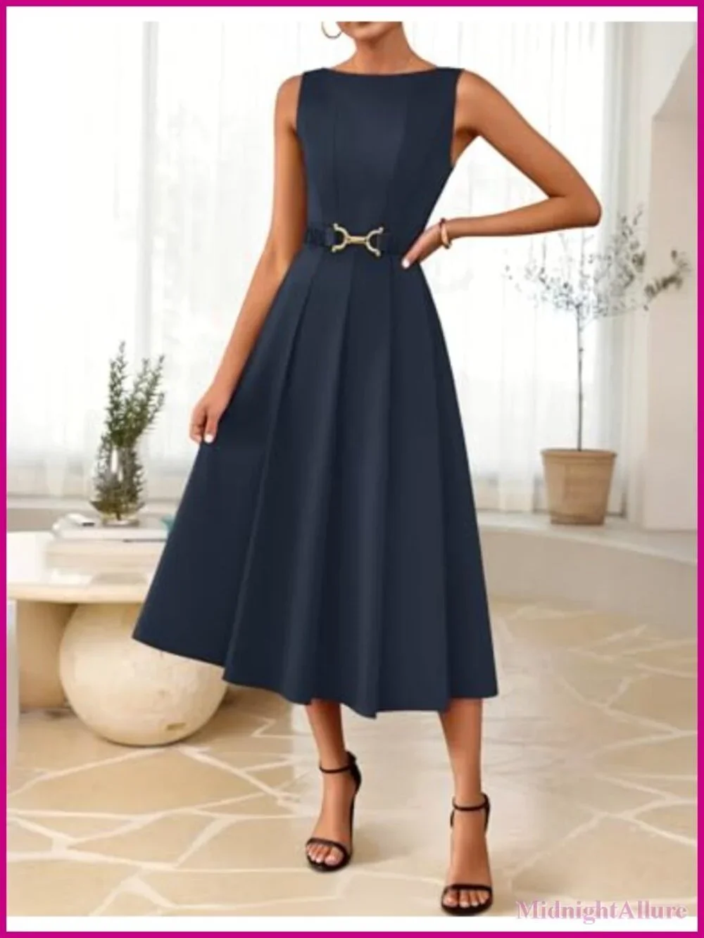 Sleeveless Midi A-Line Dress with Tie Waist, Boat Neck, Side Pockets, Back